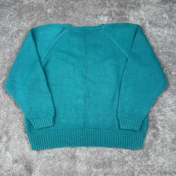 Vtg Teal Textured 3D Knit Sweater Size S Grandma Cottage Hand Knit Cotton Ramie - Picture 3 of 4